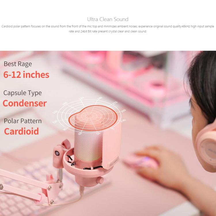FEELWORLD VM1 USB Condenser Gaming Microphone for Streaming Noise Cancellation Mute RGB Light Boom Arm Stand (Pink) - Microphone by FEELWORLD | Online Shopping UK | buy2fix