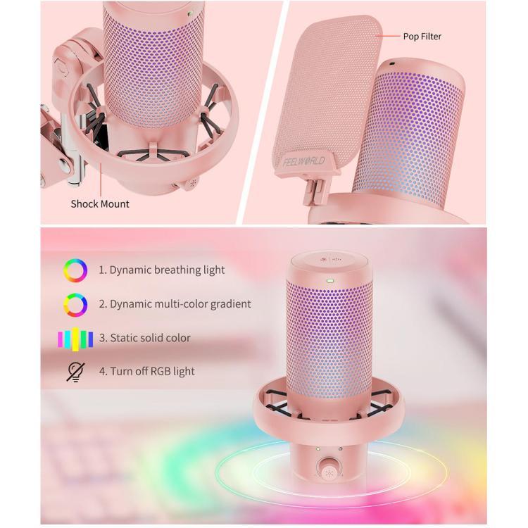 FEELWORLD VM1 USB Condenser Gaming Microphone for Streaming Noise Cancellation Mute RGB Light Boom Arm Stand (Pink) - Microphone by FEELWORLD | Online Shopping UK | buy2fix