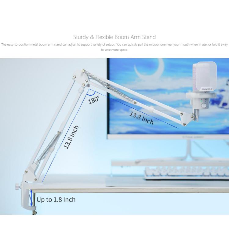FEELWORLD VM1 USB Condenser Gaming Microphone for Streaming Noise Cancellation Mute RGB Light Boom Arm Stand (White) - Microphone by FEELWORLD | Online Shopping UK | buy2fix