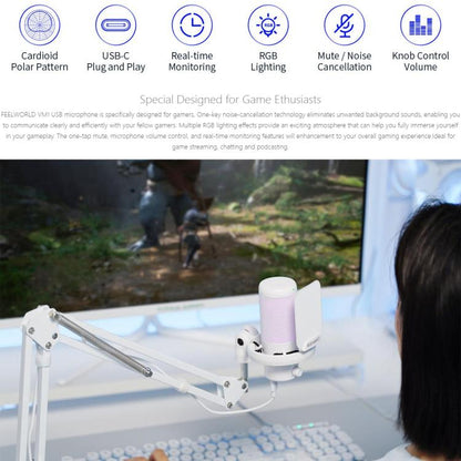 FEELWORLD VM1 USB Condenser Gaming Microphone for Streaming Noise Cancellation Mute RGB Light Boom Arm Stand (White) - Microphone by FEELWORLD | Online Shopping UK | buy2fix