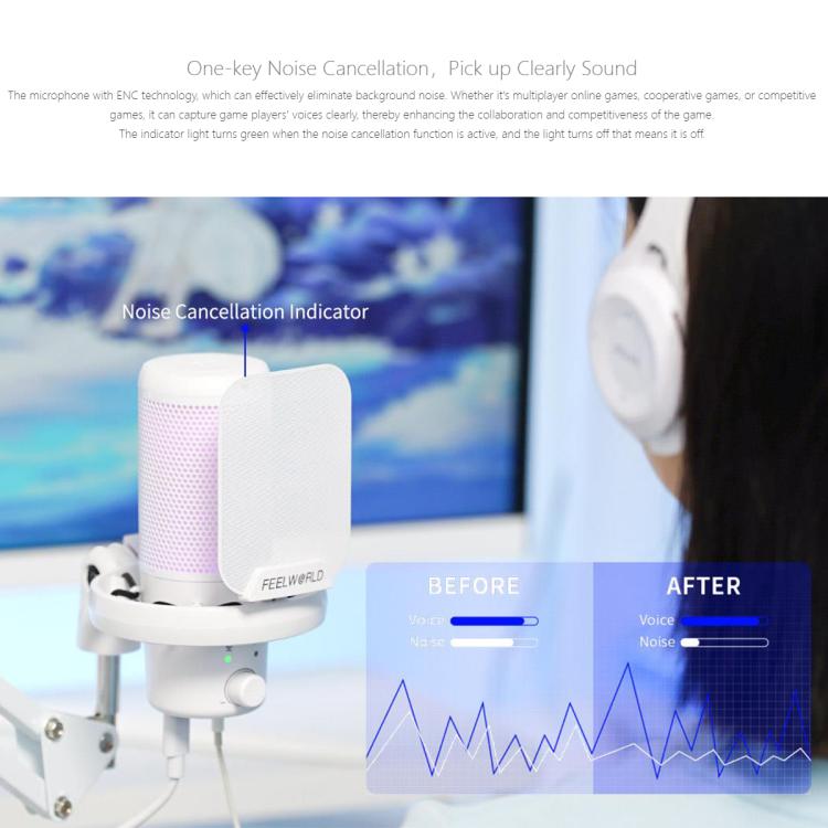 FEELWORLD VM1 USB Condenser Gaming Microphone for Streaming Noise Cancellation Mute RGB Light Boom Arm Stand (White) - Microphone by FEELWORLD | Online Shopping UK | buy2fix