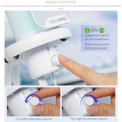 FEELWORLD VM1 USB Condenser Gaming Microphone for Streaming Noise Cancellation Mute RGB Light Boom Arm Stand (White) - Microphone by FEELWORLD | Online Shopping UK | buy2fix