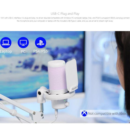FEELWORLD VM1 USB Condenser Gaming Microphone for Streaming Noise Cancellation Mute RGB Light Boom Arm Stand (White) - Microphone by FEELWORLD | Online Shopping UK | buy2fix