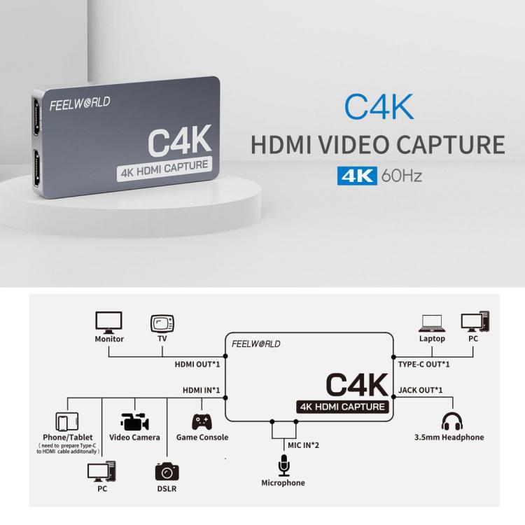 FEEWORLD C4K Video Capture 4K HDMI 60Hz In and Out USB-C Plug and Play for Streaming Gaming Video Conference - Video Capture Solutions by FEELWORLD | Online Shopping UK | buy2fix