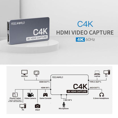 FEEWORLD C4K Video Capture 4K HDMI 60Hz In and Out USB-C Plug and Play for Streaming Gaming Video Conference - Video Capture Solutions by FEELWORLD | Online Shopping UK | buy2fix