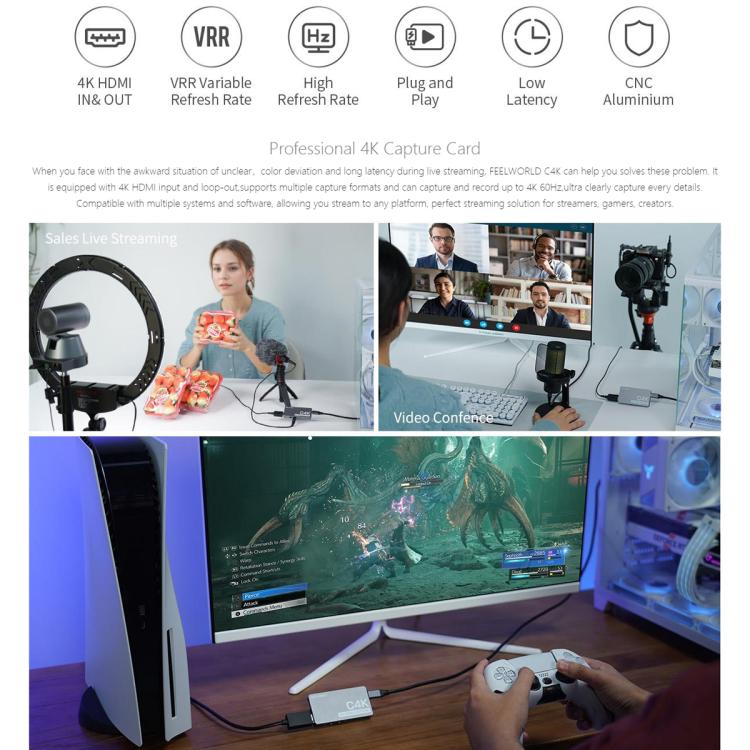 FEEWORLD C4K Video Capture 4K HDMI 60Hz In and Out USB-C Plug and Play for Streaming Gaming Video Conference - Video Capture Solutions by FEELWORLD | Online Shopping UK | buy2fix