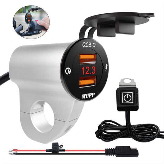 WUPP ZH-975A3 Moto en alliage d'aluminium étanche téléphone portable Double QC3.0 chargeur de charge rapide avec voltmètre (argent)