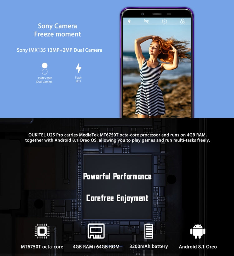 [HK Warehouse] OUKITEL U25 Pro, 4GB+64GB, Dual Back Cameras, Fingerprint Identification, 5.5 inch Android 8.1 MTK6750T Octa Core up to 1.5GHz, Network: 4G, Dual SIM, OTG, OTA(Twilight) - Other by OUKITEL | Online Shopping UK | buy2fix