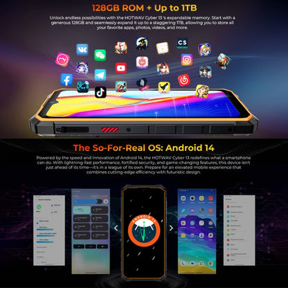 [HK Warehouse] HOTWAV CYBER 13, IP68/IP69K Rugged Phone, 8GB+128GB, 10800mAh, 6.6 inch Android 14.0 Unisoc T606 Octa Core, Network: 4G, NFC, OTG (Orange) - Other by HOTWAV | Online Shopping UK | buy2fix