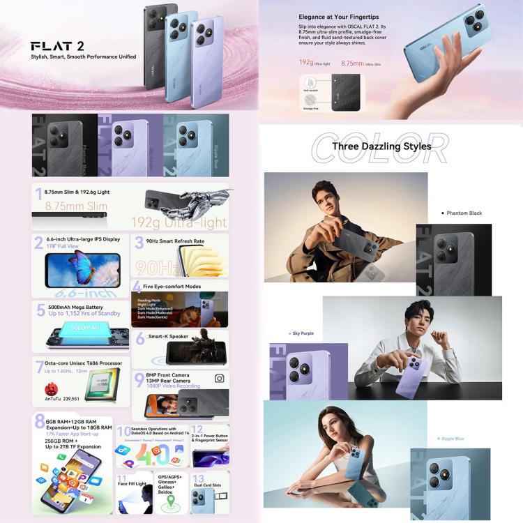 Blackview Oscal FLAT 2, 4GB+256GB, 6.6 inch Doke OS 4.0 Android 14 Unisoc T606 Octa Core, Network: 4G (Phantom Black) - Blackview by Blackview | Online Shopping UK | buy2fix