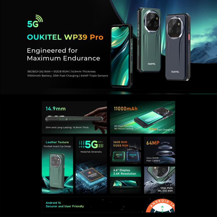 Oukitel WP39 Pro 5G Rugged Phone, 12GB+512GB, Night Vision, Fingerprint Identification, 6.6 inch Android 14 MediaTek Dimensity 6300 Octa Core, NFC, OTG, Network: 5G (Grey) - OUKITEL by OUKITEL | Online Shopping UK | buy2fix
