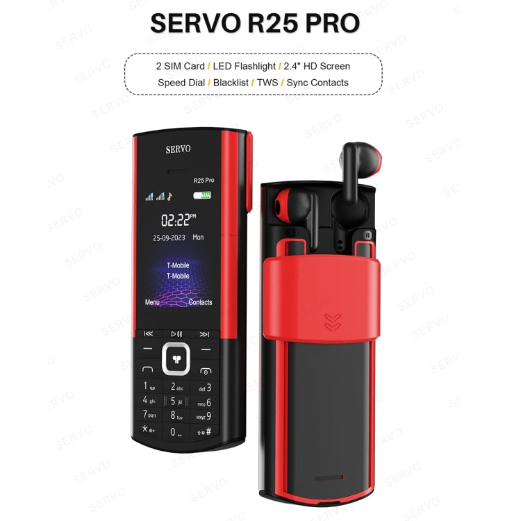 SERVO R25 Pro Mobile Phone with TWS Bluetooth Headsets, 2.4 inch, 24 Keys, Support Bluetooth, Quick Dial, Auto Response, FM, Flashlight, GSM, Dual SIM (Black Red) - SERVO by SERVO | Online Shopping UK | buy2fix