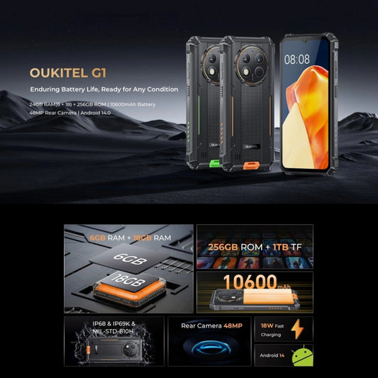Oukitel G1 Rugged Phone, 6GB+256GB, Fingerprint Identification, 6.52 inch Android 14 T606 Octa Core, NFC, OTG, Network: 4G (Orange) by OUKITEL