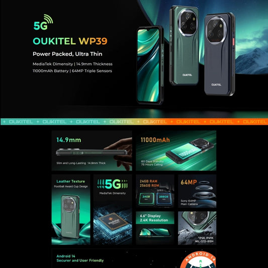 Oukitel WP39 5G Rugged Phone, 6GB+256GB, Night Vision, Fingerprint Identification, 6.6 inch MediaTek Dimensity 6100+ Octa Core, NFC, OTG, Network: 5G (Green) by OUKITEL
