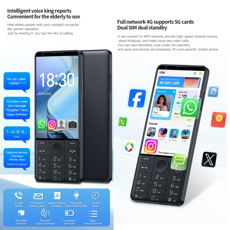 DOOV R70 Keypad Phone, 6GB+128GB, 4 inch Android 13 Mediatek MT6762 Octa Core, Network: 4G, Support Google Store, No Camera (Black) - Other by DOOV | Online Shopping UK | buy2fix