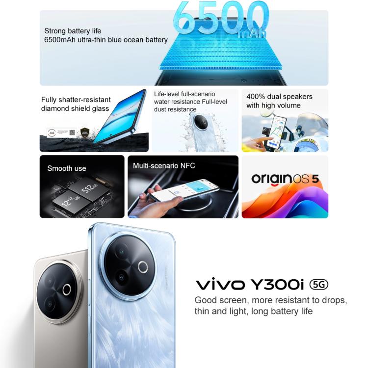 vivo Y300i, 8GB+256GB, Face ID / Side Fingerprint, 6.68 inch Android 15 OriginOS 5 Snapdragon 4 Gen 2 Octa Core, OTG, NFC, Network: 5G (Black) - vivo by vivo | Online Shopping UK | buy2fix