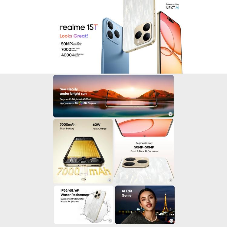 Realme 15T, 8GB+128GB, Screen Fingerprint Identification, 6.57 inch Realme UI 6.0 Android 15 MediaTek Dimensity 6400 Max Octa Core, NFC, Network: 5G (White) - OPPO by Realme | Online Shopping UK | buy2fix