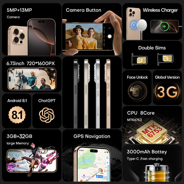 i16 Pro Max / A08, 3GB+32GB, 6.73 inch Screen, Face Identification, Android 8.1 MTK6753 Octa Core, Network: 3G, Dual SIM, AU Plug (Grey) -  by buy2fix | Online Shopping UK | buy2fix