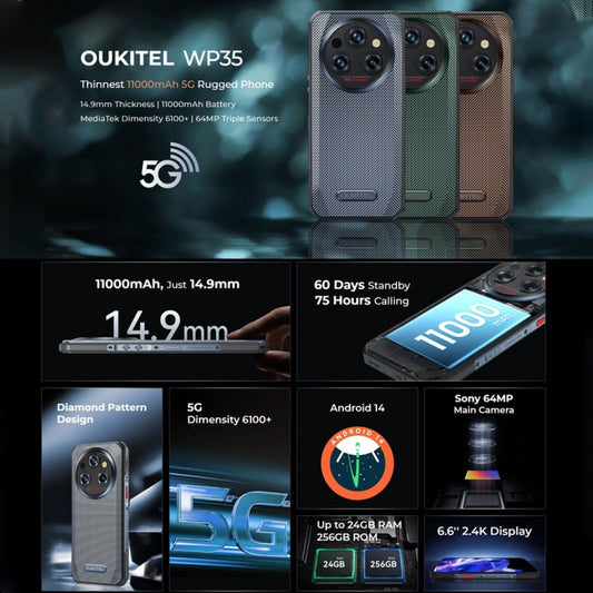 Oukitel WP35 5G Rugged Phone, 8GB+256GB, IP68/IP69K Fingerprint Identification, 11000mAh, 6.6 inch MediaTek Dimensity 6100+ Octa Core, NFC, OTG, Network: 5G (Grey) by OUKITEL