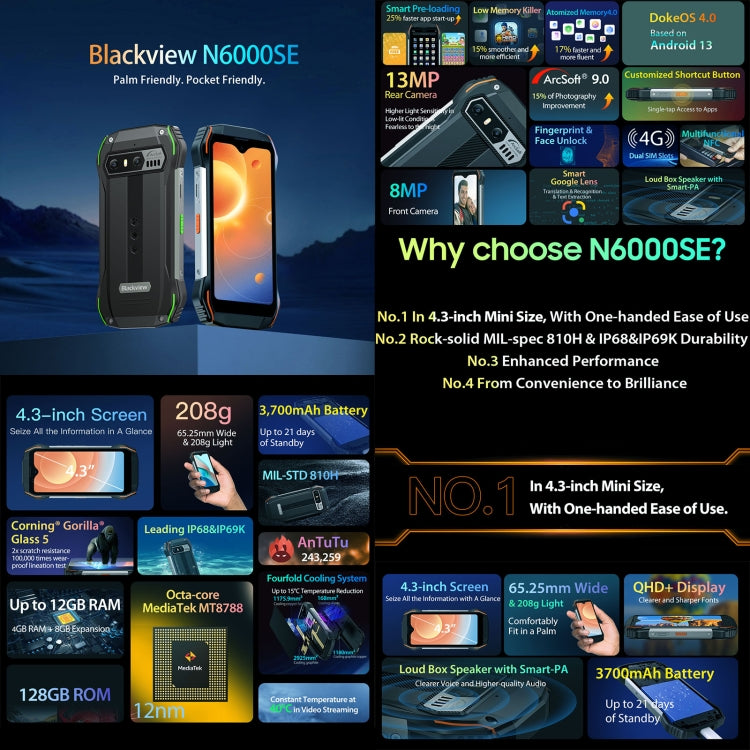 [HK Warehouse] Blackview N6000SE, IP68/IP69K/MIL-STD-810H, 4GB+128GB, 4.3 inch Android 13 MediaTek MT8788 Octa Core, Network: 4G, OTG, NFC (Black) - Blackview by Blackview | Online Shopping UK | buy2fix