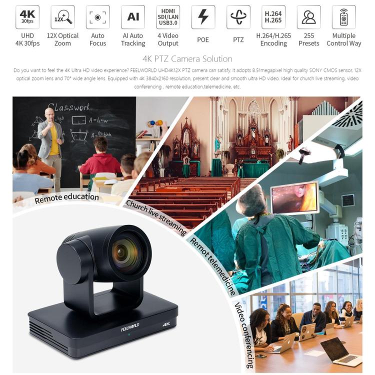 FEELWORLD UHD4K12X 4K PTZ Camera 12X Optical Zoom, Auto Focus SDI HDMI USB IP Remote Control (EU Plug) - HD Camera by FEELWORLD | Online Shopping UK | buy2fix