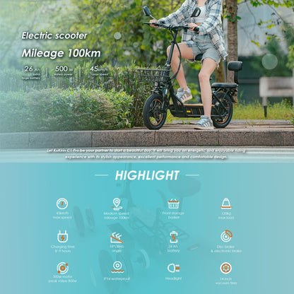 KuKirin C1 Pro 500W 48V 26Ah Electric Offroad Scooter with 14 inch Tires & Rear Seat, EU Plug - Electric Scooters by Kukirin | Online Shopping UK | buy2fix