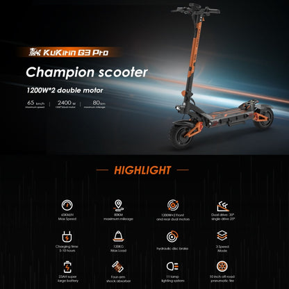 Kukirin G3 Pro 10 inch Tires 2400W 52V 23.4AH Three-speed Folding Electric Offroad Scooter with LED Display - Electric Scooters by Kukirin | Online Shopping UK | buy2fix
