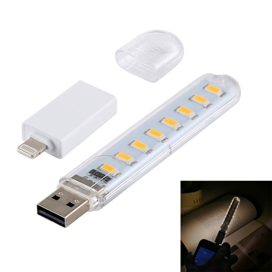 8LEDs 5V 200LM USB LED Book Light Portable Night Light, with 8 Pin Adapter(Warm White)