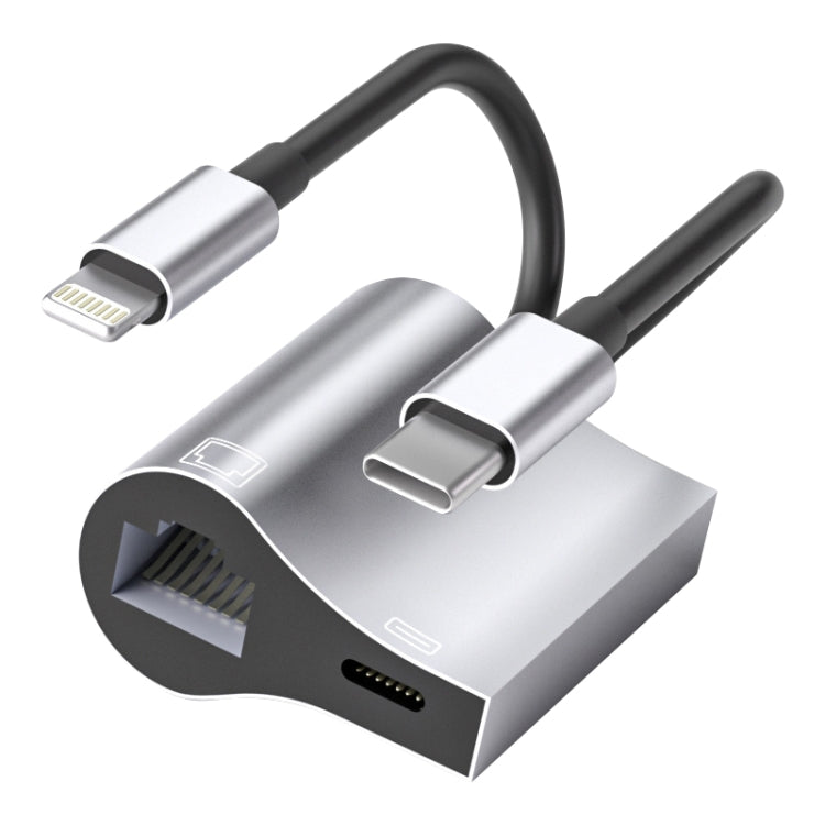 NK-1054Pro 2 in 1 8 Pin + USB-C / Type-C Male to 8 Pin Charging + Ethernet Female Adapter - Converter & Adapter by buy2fix | Online Shopping UK | buy2fix