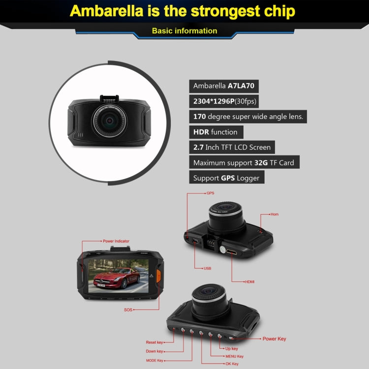 GS90C Car DVR Camera 2.7 inch LCD Screen HD 2304 x 1296P 170 Degree Wide Angle Viewing, Support Motion Detection / TF Card / G-Sensor / HDMI(Black) by buy2fix
