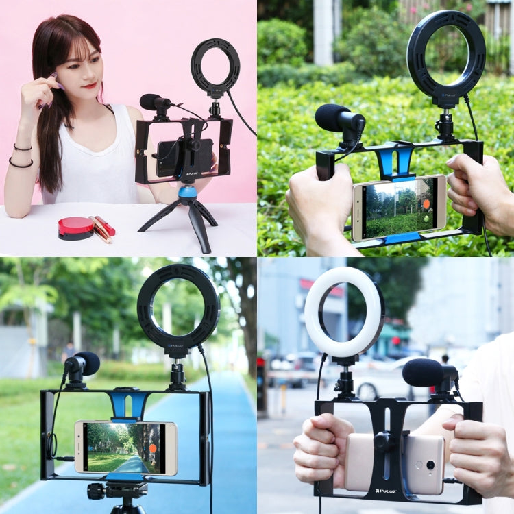 PULUZ 3 in 1 Vlogging Live Broadcast Smartphone Video Rig + Microphone +  4.7 inch 12cm Ring LED Selfie Light Kits with Cold Shoe Tripod Head for iPhone, Galaxy, Huawei, Xiaomi, HTC, LG, Google, and Other Smartphones(Blue) - Camera Cage by PULUZ | Online Shopping UK | buy2fix