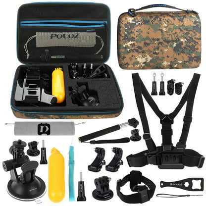 PULUZ 20 in 1 Accessories Combo Kit with Camouflage EVA Case (Chest Strap + Head Strap + Suction Cup Mount + 3-Way Pivot Arm + J-Hook Buckles + Extendable Monopod + Tripod Adapter + Bobber Hand Grip + ... for GoPro, Insta360, DJI and Other Action Cameras by PULUZ