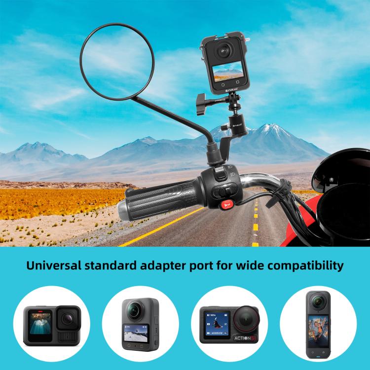 PULUZ Motorcycle Rearview Mirror Aluminum Alloy Action Camera Holder Mount (Black) - Holder by PULUZ | Online Shopping UK | buy2fix