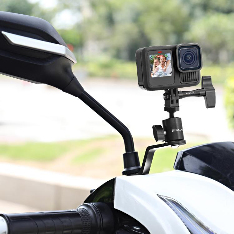 PULUZ Motorcycle Rearview Mirror Aluminum Alloy Action Camera Holder Mount (Black) - Holder by PULUZ | Online Shopping UK | buy2fix