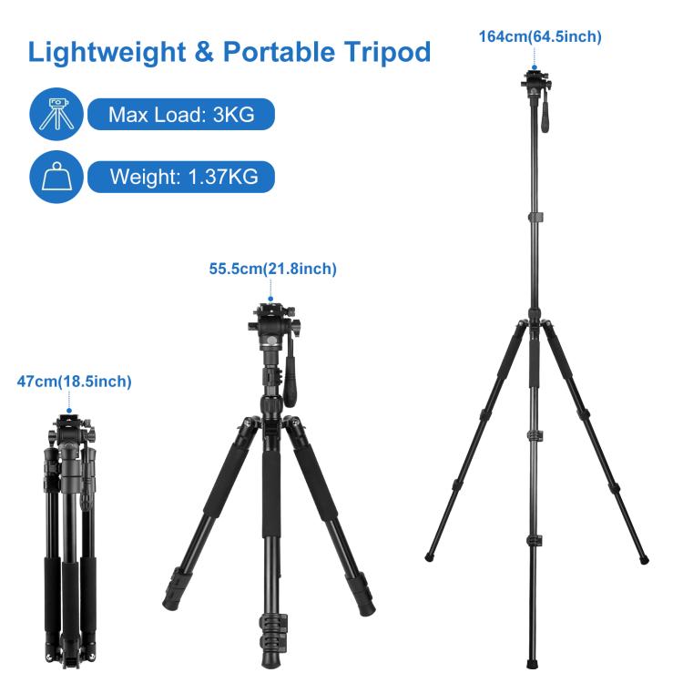 PULUZ 1.6m Reverse-Folding Professional Video Tripod with Fluid Drag Head (Black) - Tripods by PULUZ | Online Shopping UK | buy2fix