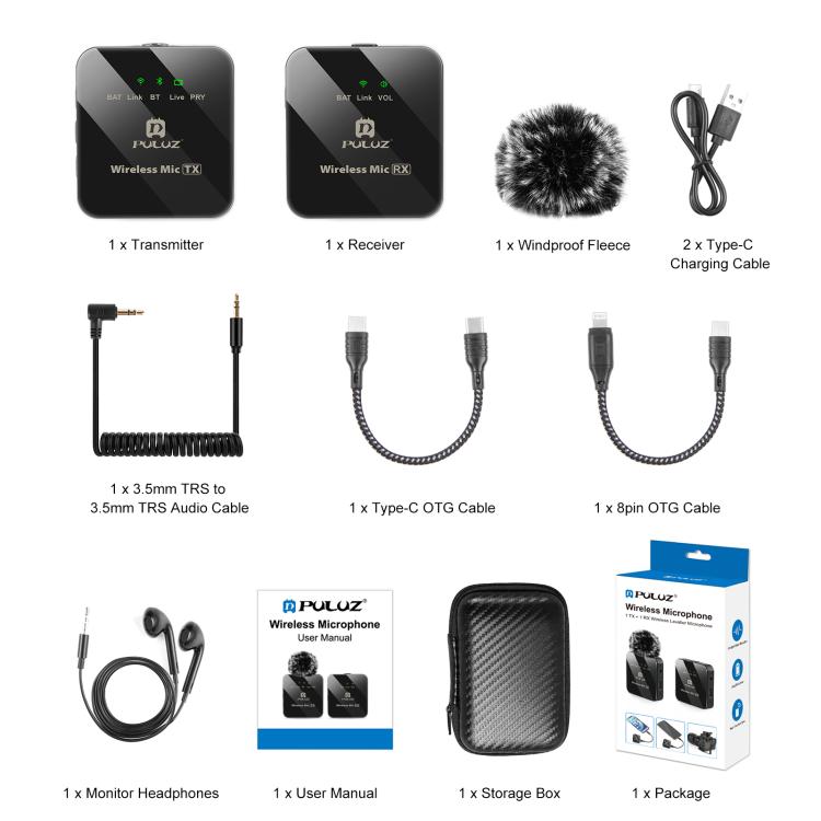 PULUZ 1 TX + 1 RX Wireless Lavalier Microphone (Black) by PULUZ