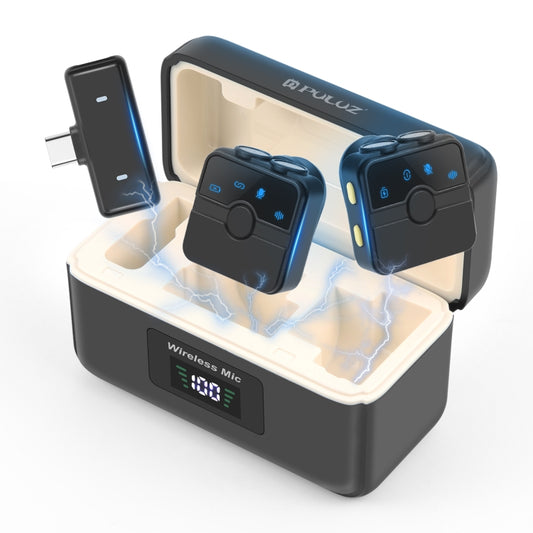 PULUZ Magnetic Lavalier Wireless Microphone with Charging Case Box, Type-C RX Receiver and 2 TX Microphones (Black) - Microphone by PULUZ | Online Shopping UK | buy2fix