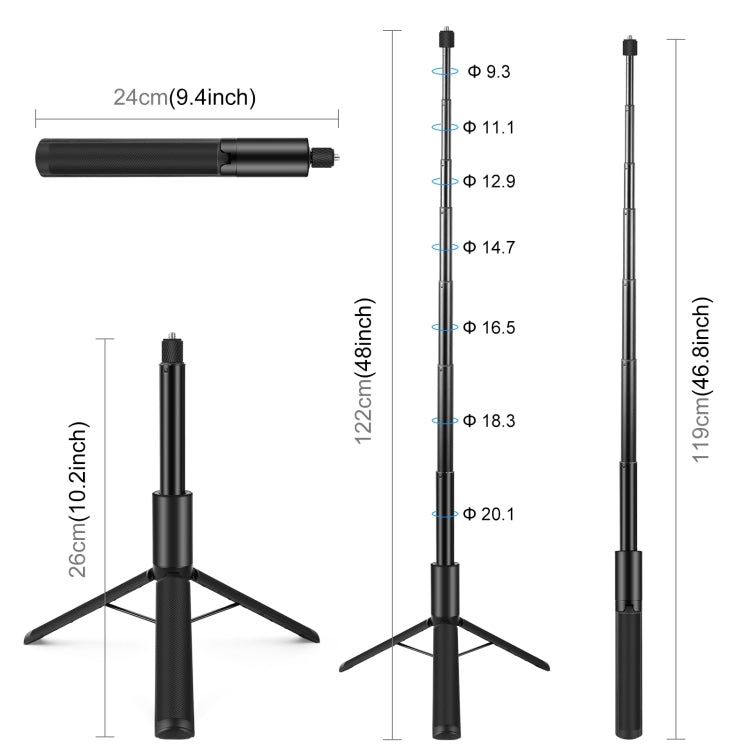 PULUZ 1.22m Retractable Invisible Selfie Stick with Tripod For Insta360 X4 / X3 (Black) - Self Monopod Grip by PULUZ | Online Shopping UK | buy2fix