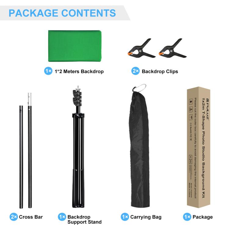 PULUZ 1x2m T-Shape Photo Studio Background Support Stand Backdrop Crossbar Bracket Kit with Clips(Green) by PULUZ