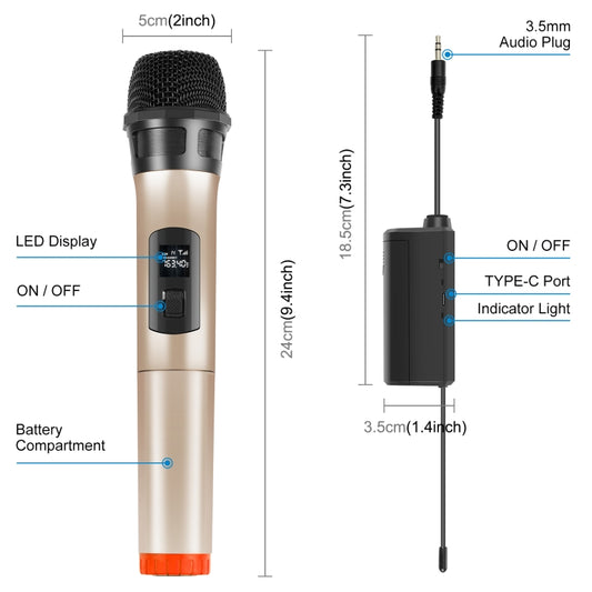 PULUZ UHF Wireless Dynamic Microphone with LED Display(Gold) by PULUZ
