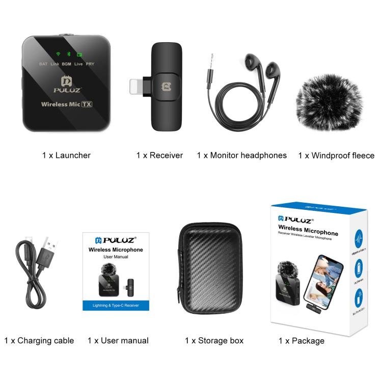 PULUZ Wireless Lavalier Microphone for iPhone / iPad, 8-Pin Receiver (Black) by PULUZ