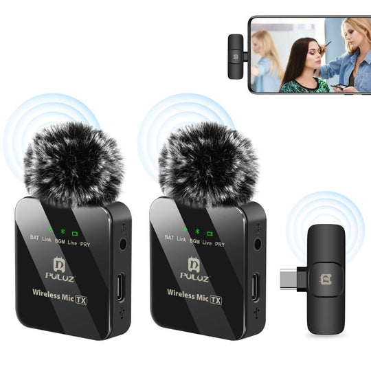 PULUZ Wireless Lavalier Microphone for Type-C Phone, Type-C Receiver and Dual Microphones (Black)