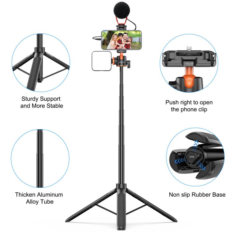PULUZ 1.4m Phone Selfie Stick Tripod Vlog Live Streaming Holder with Phone Clip (Black) - Holder by PULUZ | Online Shopping UK | buy2fix