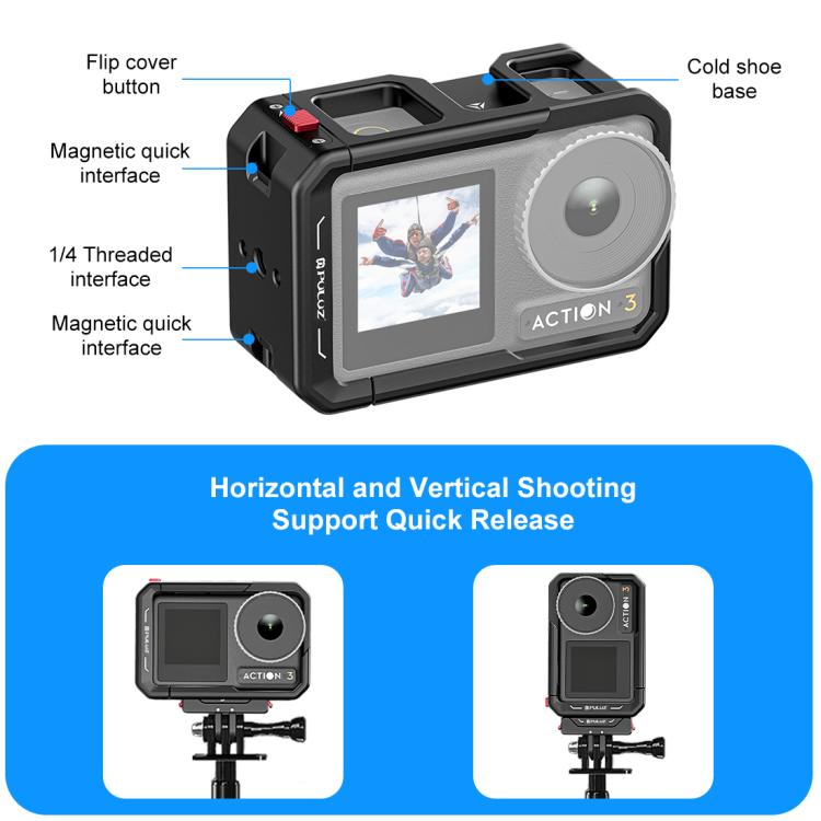 For DJI Osmo Action 5 Pro / 4 / 3 PULUZ All-inclusive Aluminum Alloy Cage Expansion Adapter Frame with Lens Cover (Black) - Protection Frame by PULUZ | Online Shopping UK | buy2fix