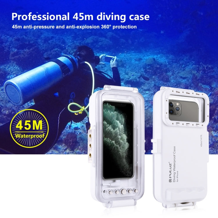 PULUZ 45m/147ft Waterproof Diving Case Photo Video Taking Underwater Housing Cover for iPhone 14 Series, iPhone 13 Series, iPhone 12 Series, iPhone 11 Series, iPhone X Series, iPhone 8 & 7, iPhone 6s, iOS 13.0 or Above Version iPhone(White) by PULUZ