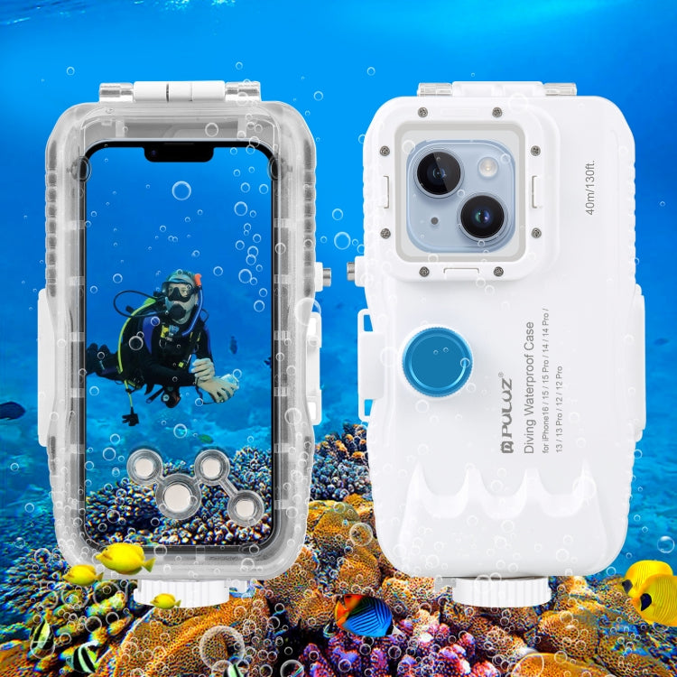 PULUZ 40m/130ft Waterproof Diving Case for iPhone 16 / 15 / 15 Pro / 14 / 14 Pro / 13 / 13 Pro / 12 / 12 Pro, with One-way Valve Photo Video Taking Underwater Housing Cover(White) by PULUZ