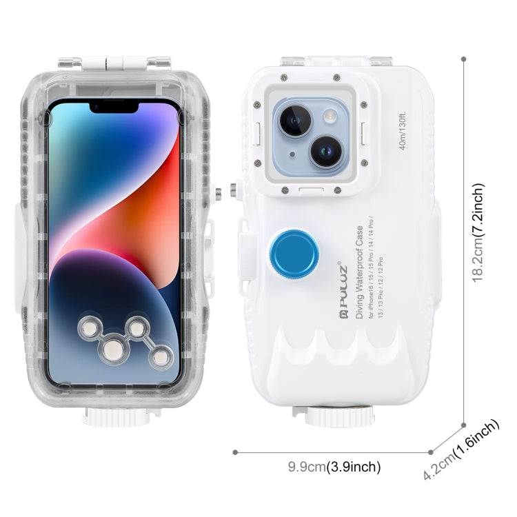 PULUZ 40m/130ft Waterproof Diving Case for iPhone 16 / 15 / 15 Pro / 14 / 14 Pro / 13 / 13 Pro / 12 / 12 Pro, with One-way Valve Photo Video Taking Underwater Housing Cover(White) by PULUZ