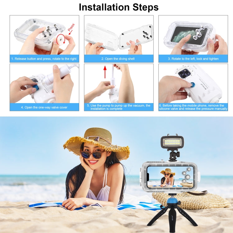 PULUZ 40m/130ft Waterproof Diving Case for iPhone 16 / 15 / 15 Pro / 14 / 14 Pro / 13 / 13 Pro / 12 / 12 Pro, with One-way Valve Photo Video Taking Underwater Housing Cover(White) by PULUZ