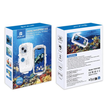 PULUZ 40m/130ft Waterproof Diving Case for iPhone 16 / 15 / 15 Pro / 14 / 14 Pro / 13 / 13 Pro / 12 / 12 Pro, with One-way Valve Photo Video Taking Underwater Housing Cover(White) by PULUZ