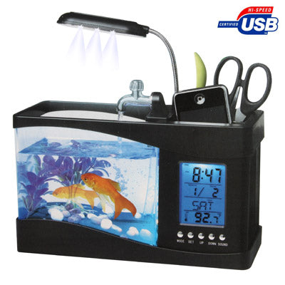 USB Desktop Aquarium Mini Fish Tank with Running Water and 6 LED Light, LCD Clock Display with Calendar, Time and Alarm (Holds 1.5 Quarts of Water)(Black) - Fish Tanks & Accessories by buy2fix | Online Shopping UK | buy2fix